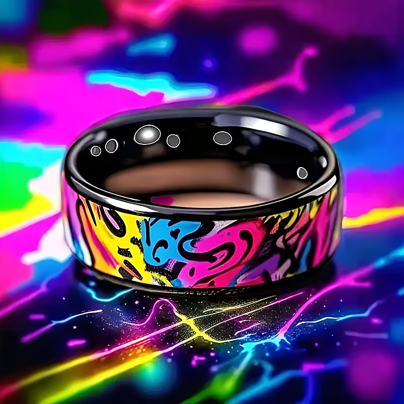 Women's 8mm Colorful Graffiti Inspired Stainless Steel Ring